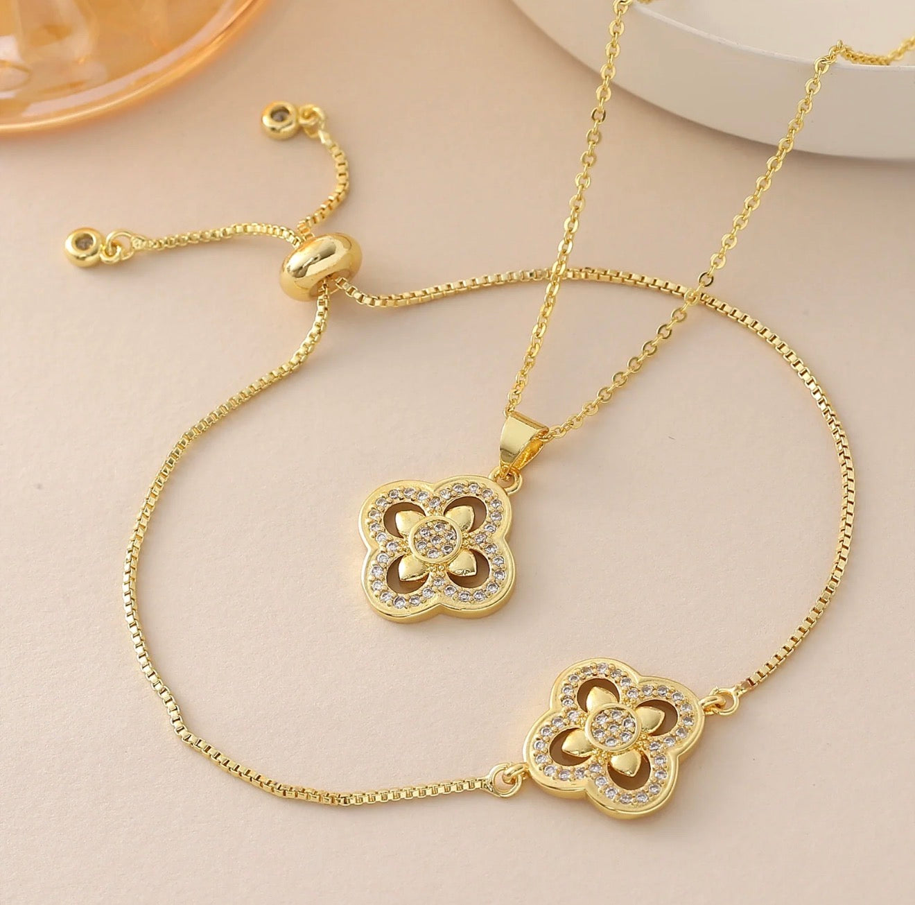 18K Gold Plated Crystal Flower Necklace & Bracelet Set | Adjustable • Waterproof • Tarnish Resistan