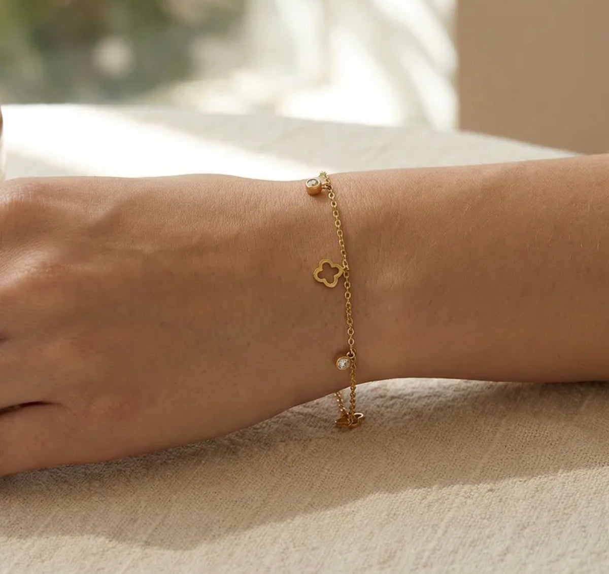 Delicate Gold Clover bracelet perfect for minimal looks stainless