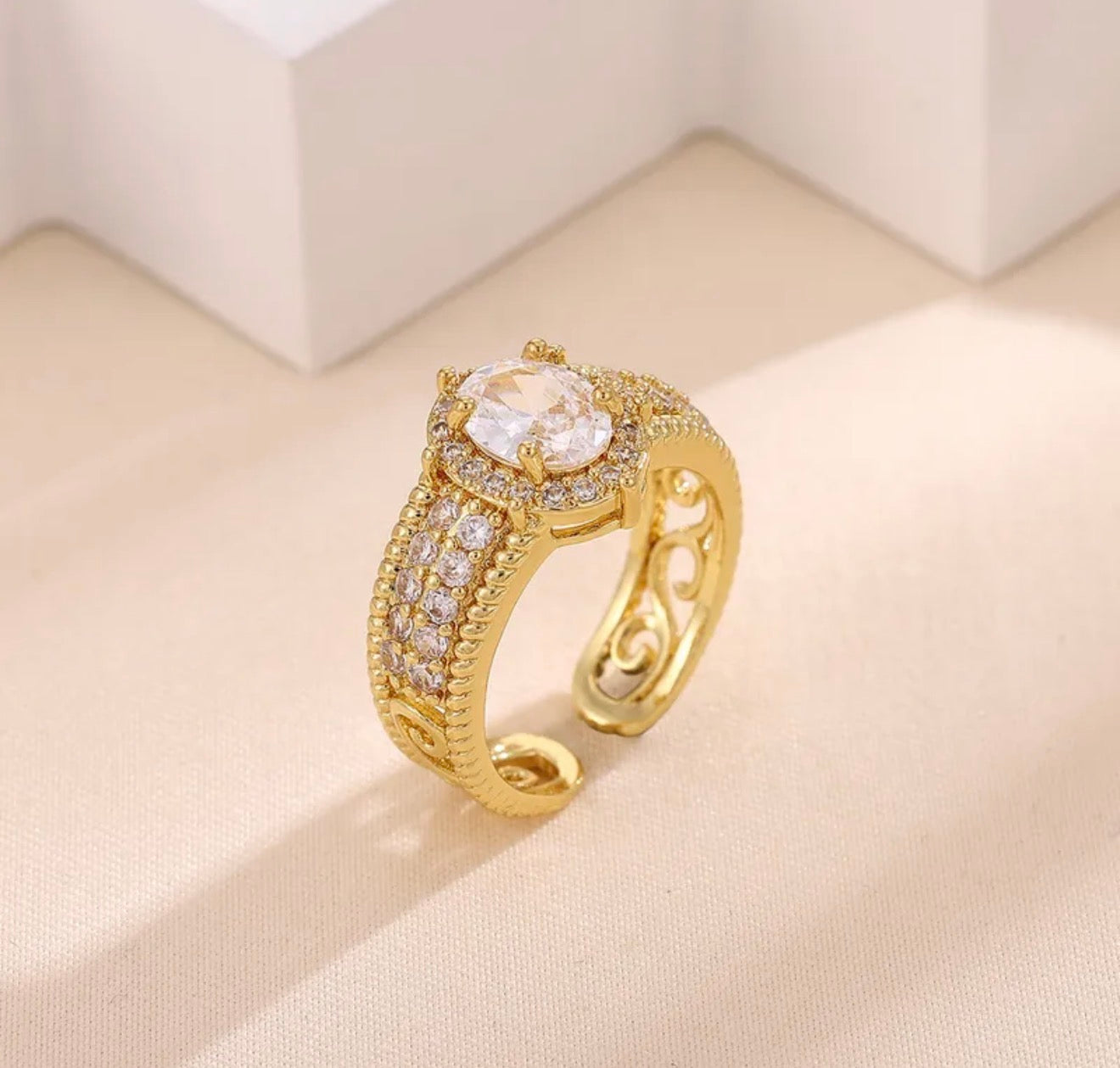 statement crystal ring with a rich, royal feel 18k gold plated stainless steel