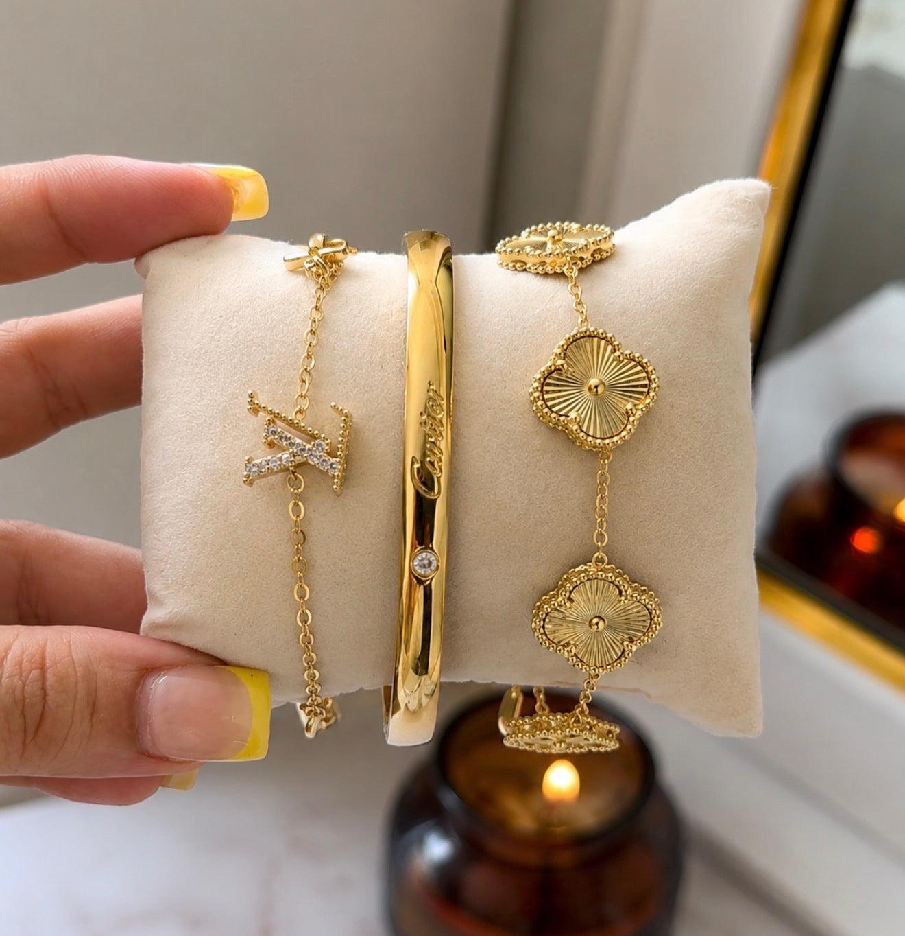 LV • Cartier • Van Cleef Luxury Trio Gold Bracelets Stack ✨316L stainless premium quality