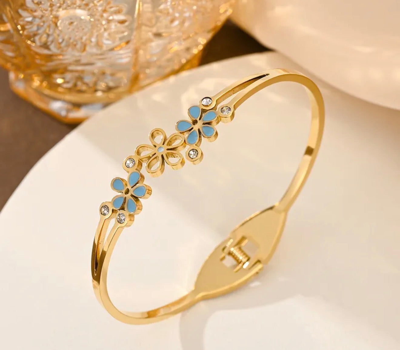 Couture Blue Flower Gold elegant 18k gold plated stainless steel bracelet