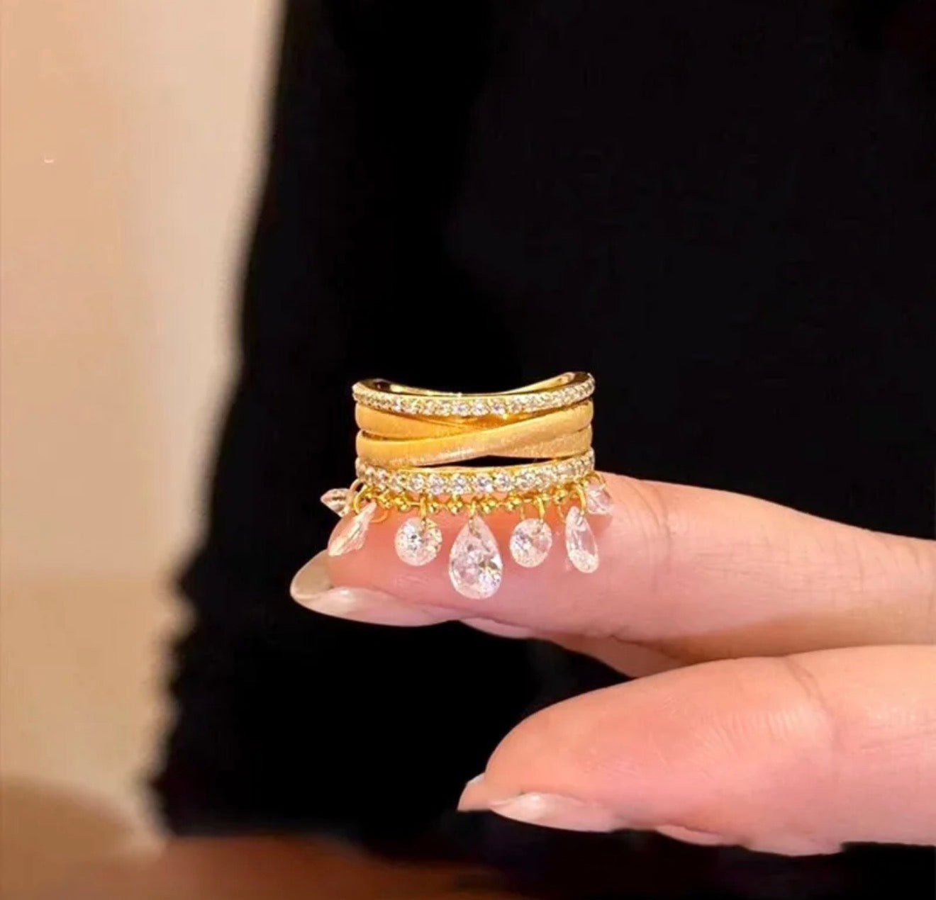Crystal Fringe Statement Ring 304 stainless steel 18k gold plated