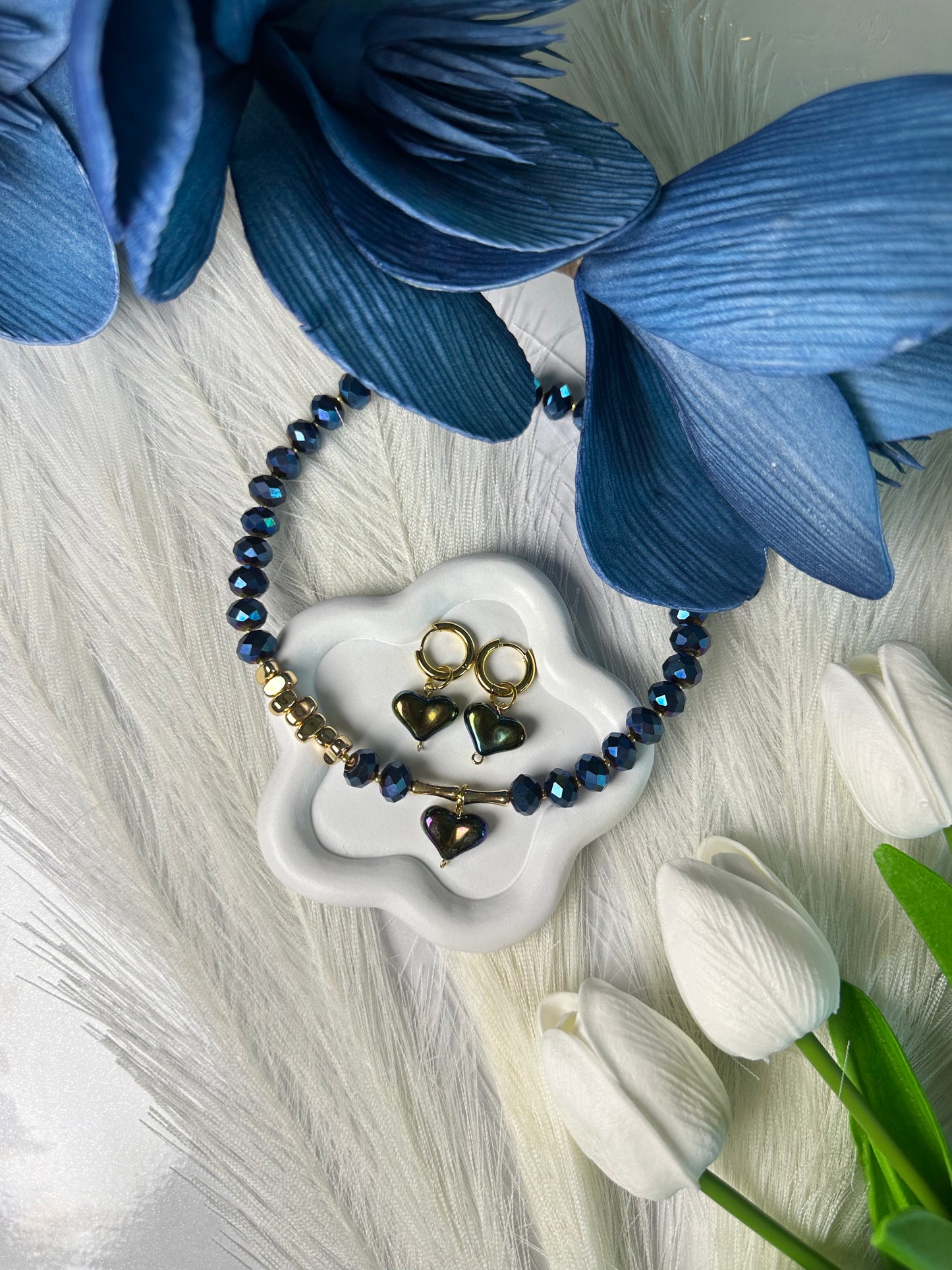 Midnight Heart Jewelry Set with Deep Blue Crystals"