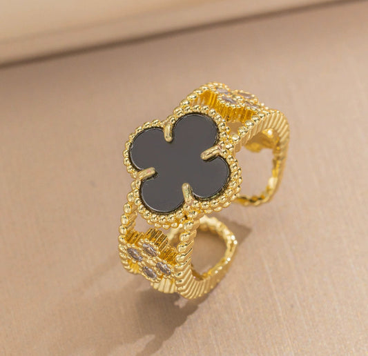 Gold-Plated Clover & Crystal Cuff ring 304 stainless steel 18k gold plated