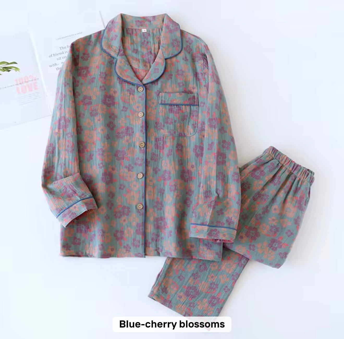 Blue cherry blossoms co-ord set 100% pure cotton double shaded