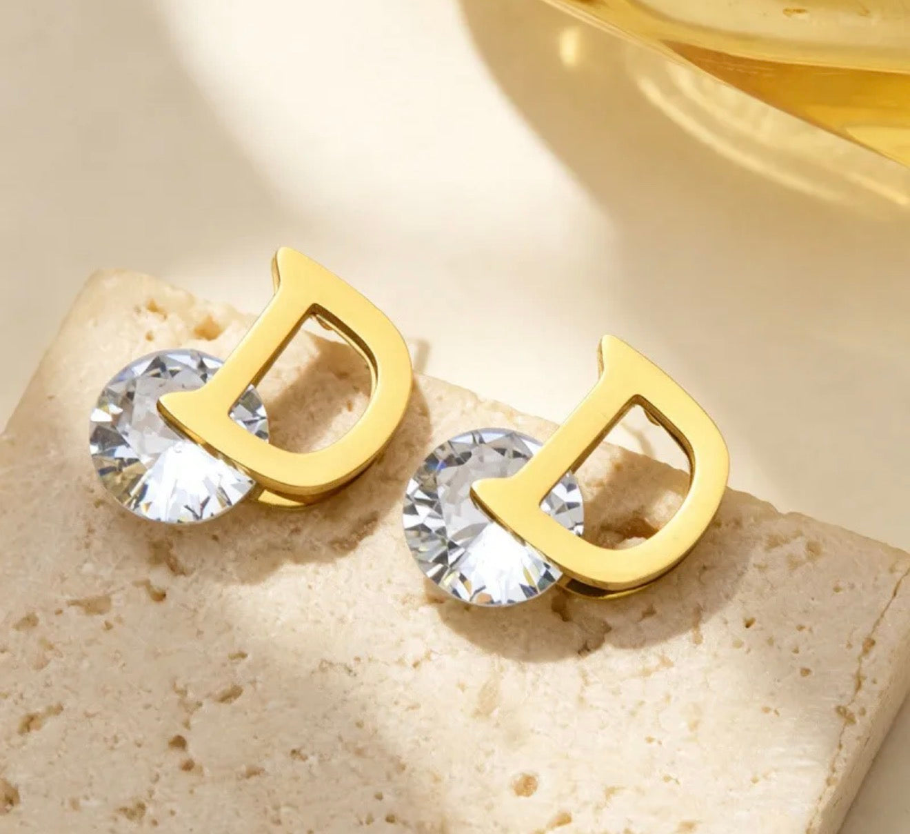 18K Gold Plated Letter Dior Earrings with Crystal Accent 18k gold plated stainless