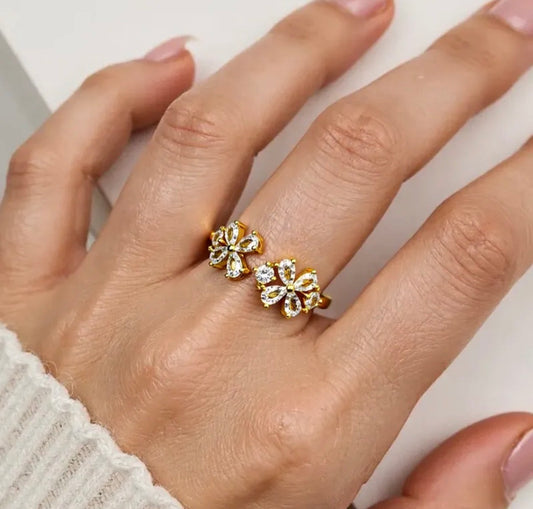 Twin Flower Adjustable Ring 304 stainless steel 18k gold plated