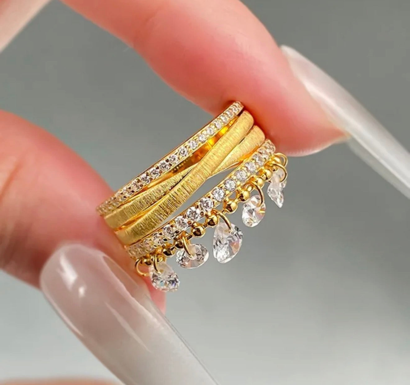 Crystal Fringe Statement Ring 304 stainless steel 18k gold plated