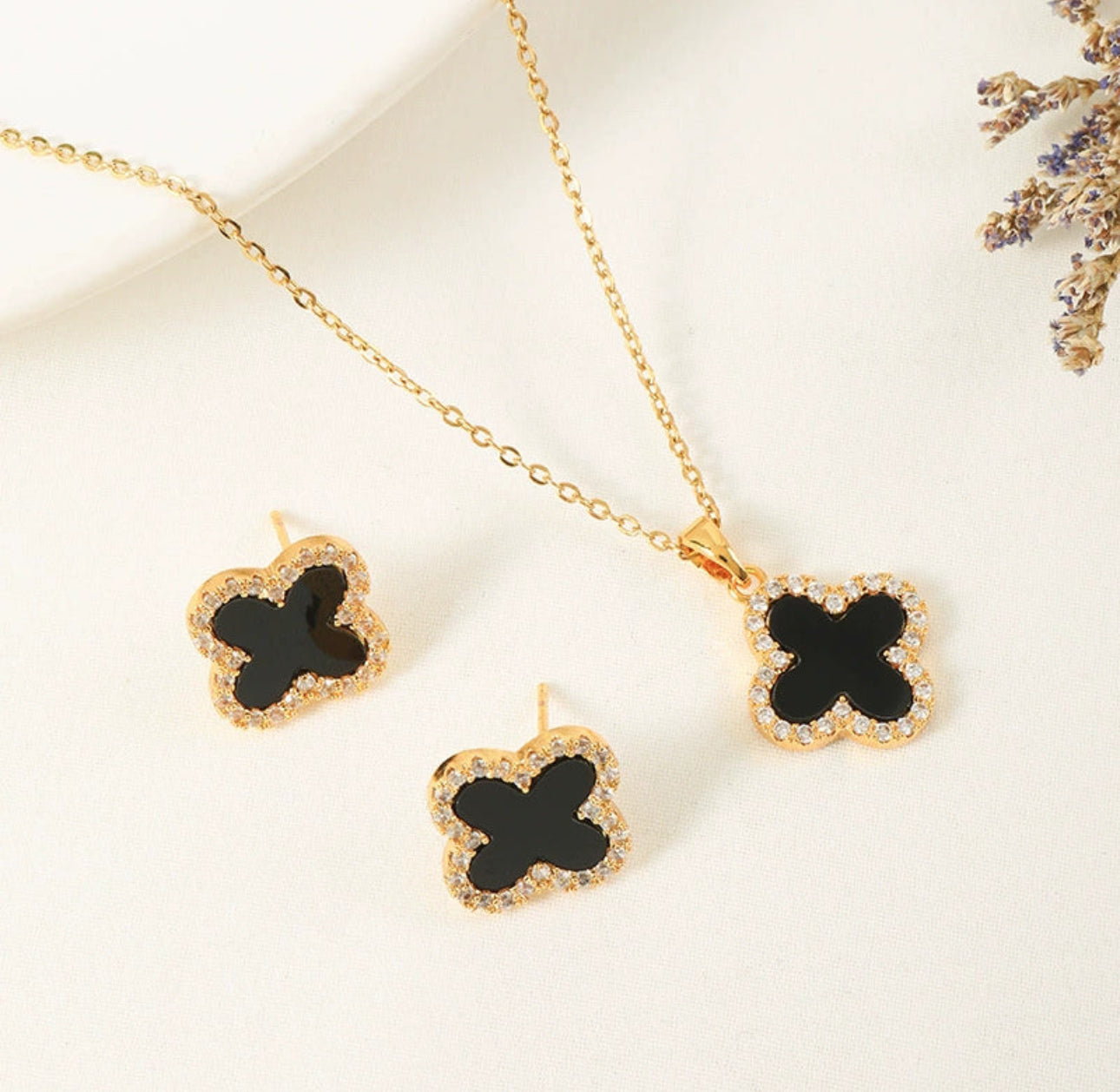 Elegant Onyx Clover Necklace & Earrings 304 stainless 18k gold plated