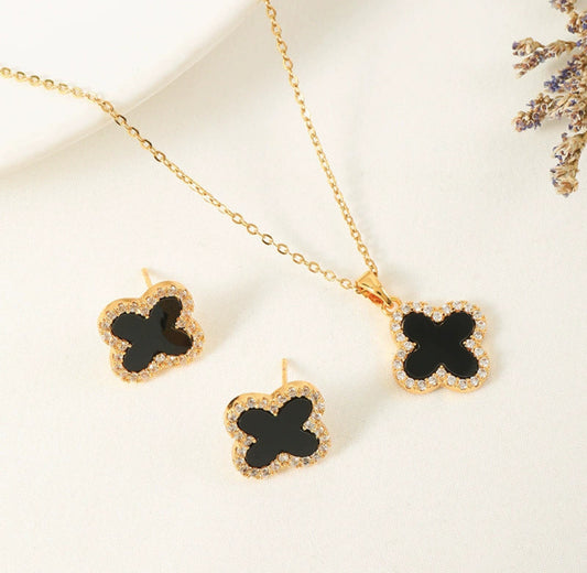 Elegant Onyx Clover Necklace & Earrings 304 stainless 18k gold plated