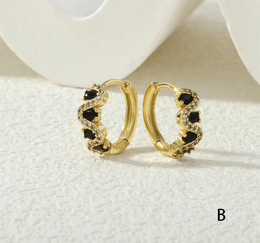 Premium Black Gemstone Hoop Earrings 18k gold plated stainless