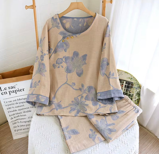 Cream Petal Pajama Co-ord royal look 100% pure cotton double shaded