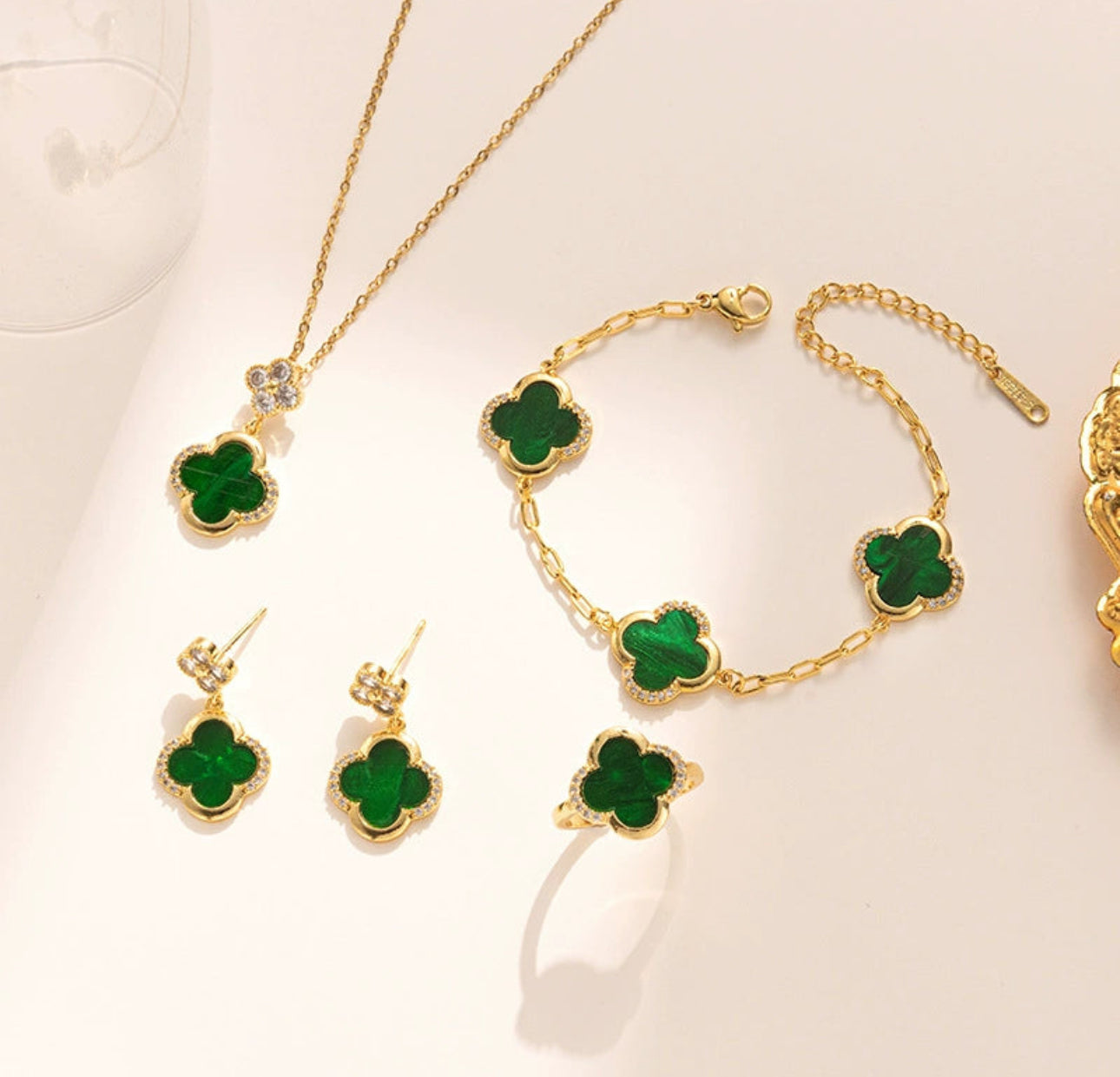Green clover stainless steel 18k gold plated set (four)