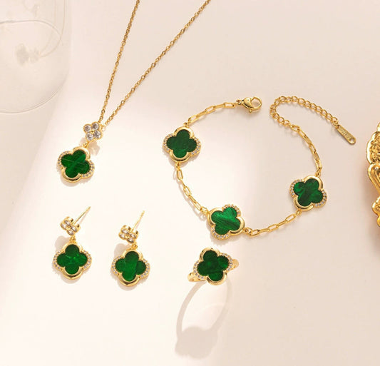 Green clover stainless steel 18k gold plated set (four)
