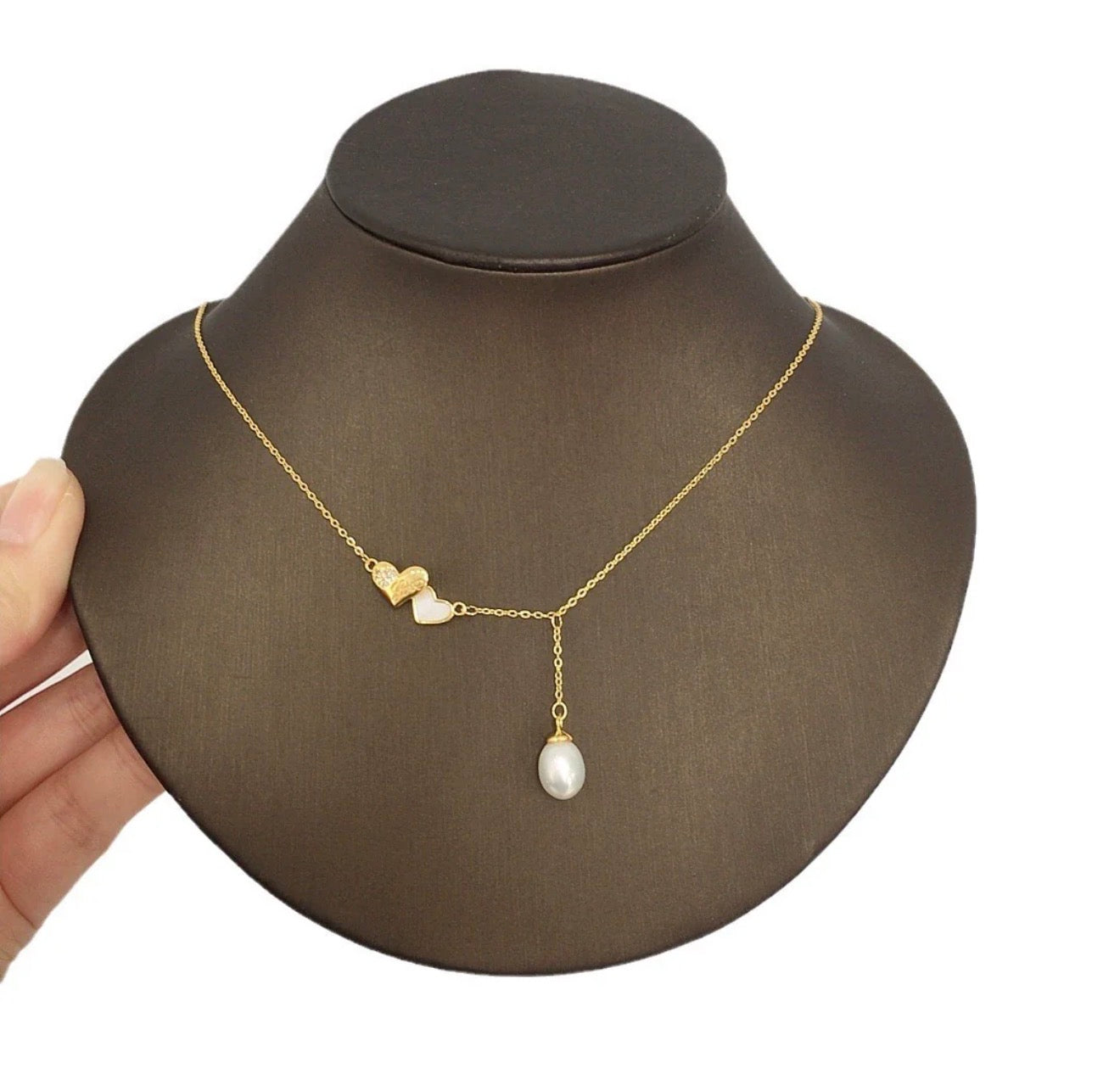 Twin Heart Pearl Pendant cute looking chain 18k gold plated stainless
