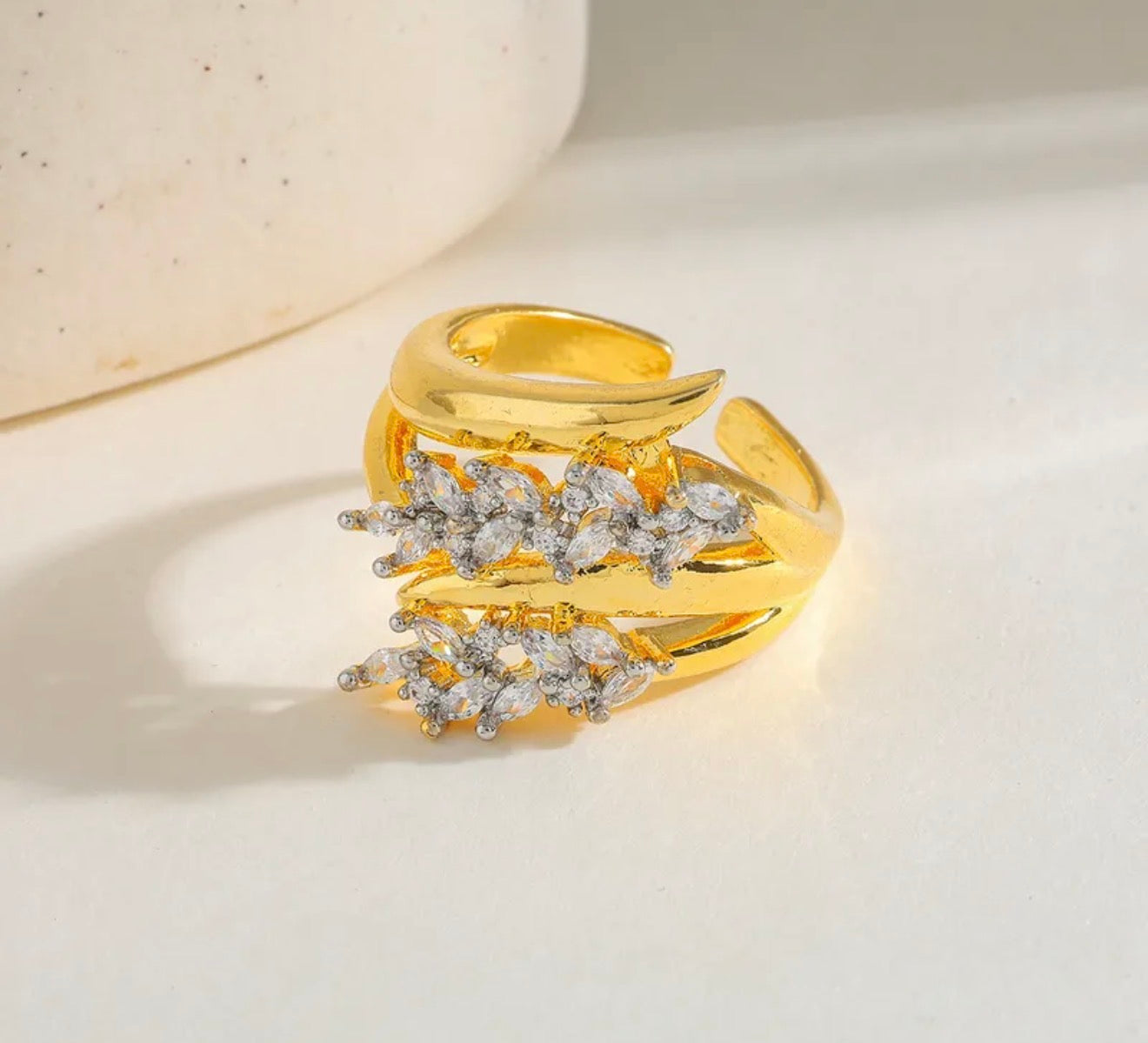 Golden Leaf Crystal Ring 304 stainless steel 18k gold plated