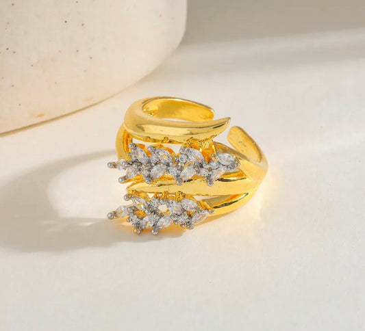 Golden Leaf Crystal Ring 304 stainless steel 18k gold plated