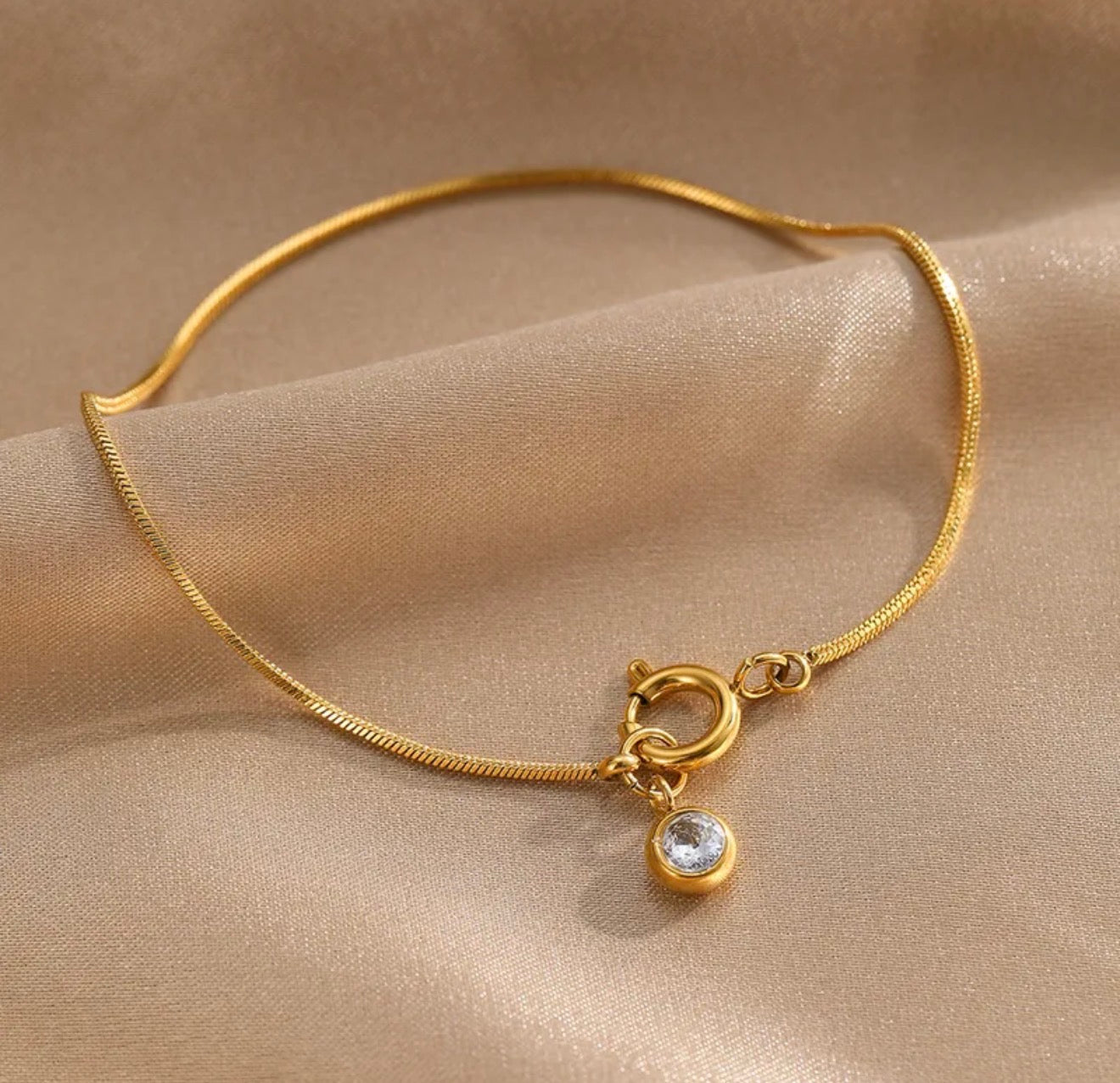 18K Gold Plated Snake Chain Bracelet with Crystal Charm | Minimalist Stainless Steel Bracelet