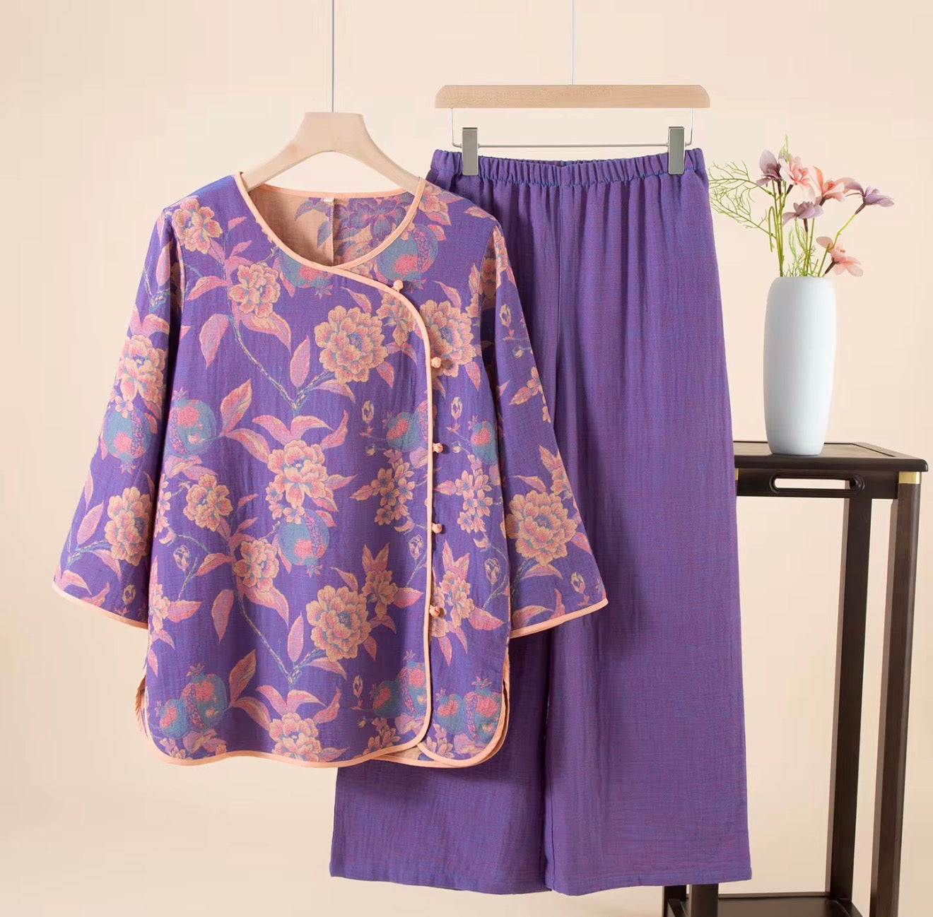 Floral Lavender Royal style co-ord set 100% pure cotton double shaded