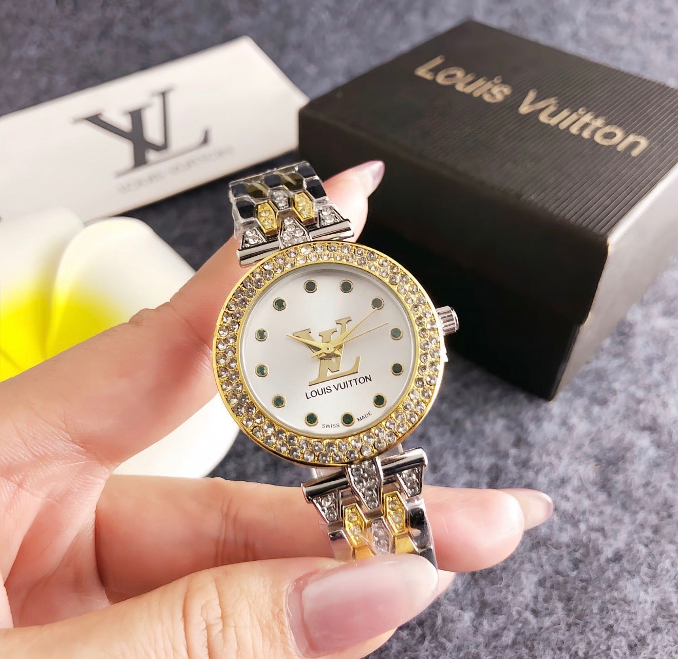 Elegant Diamond Bezel Statement LV Watch in perium quality stainless waterproof