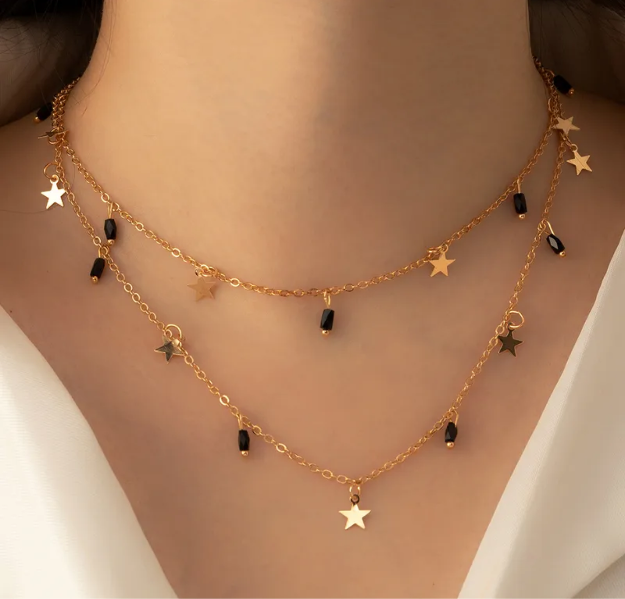 Super cute black stone double necklace 18k gold plated