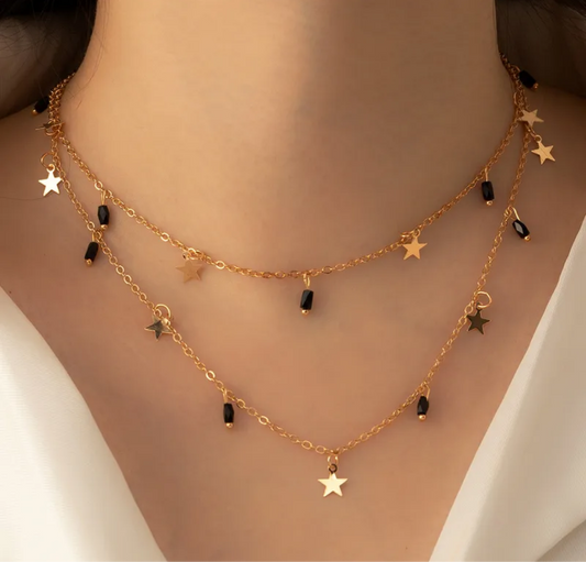 Super cute black stone double necklace 18k gold plated