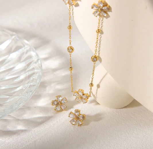 Pretty stone flower set earrings with necklace 304 stainless steel 18k gold plated