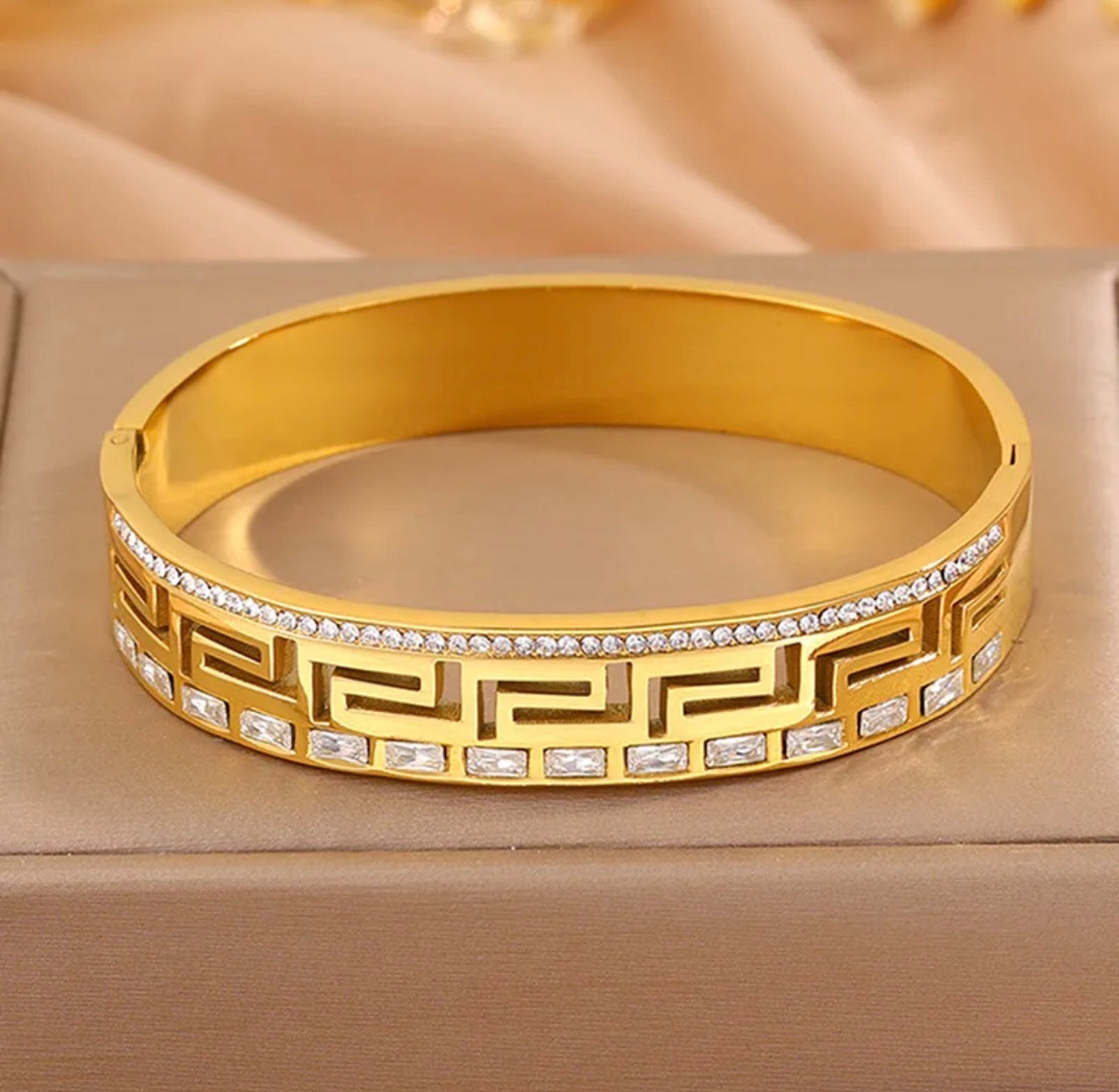 Greek Key Shine Kada 18k gold plated stainless