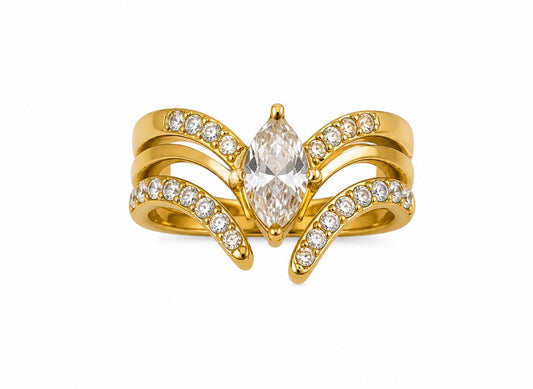 Premium Crystal Crown double ring 18k gold plated stainless