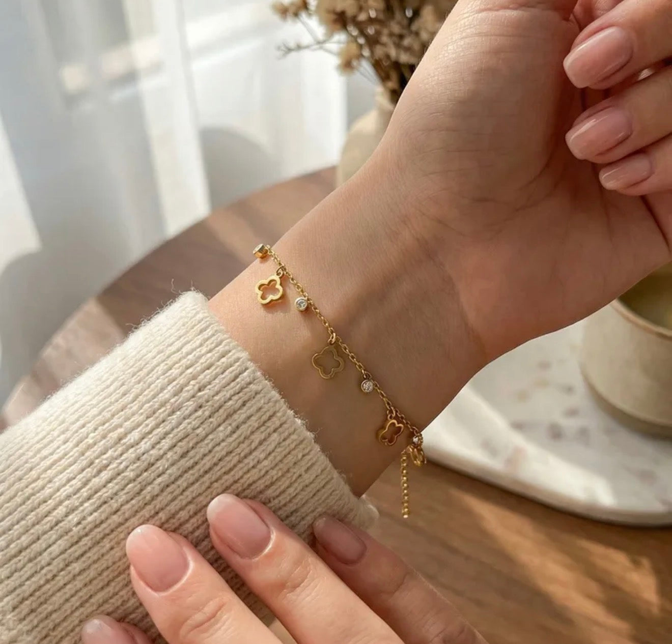 Delicate Gold Clover bracelet perfect for minimal looks stainless