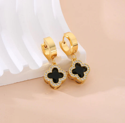 Golden Clover Hoop Earrings with Black Enamel Charm 304 stainless steel 18k gold plated