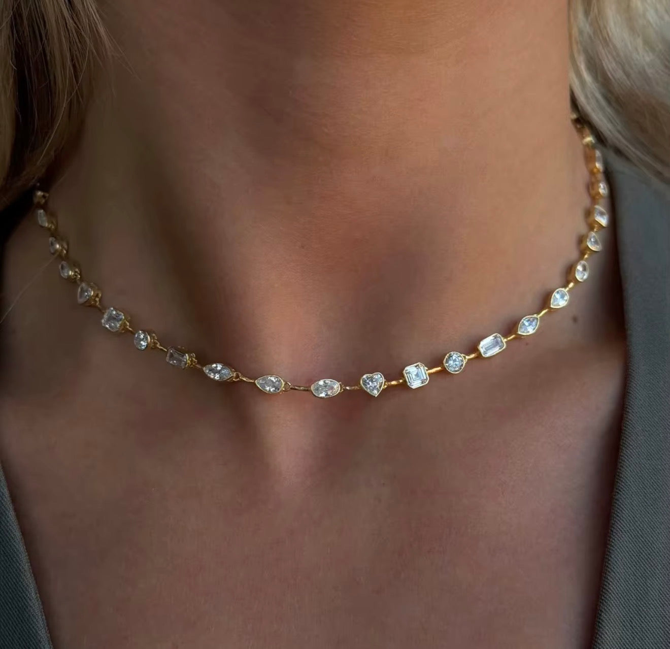 Mixed-Cut Diamond Tennis Necklace and bracelet ✨316L stainless steel 18k gold plated in perium quality