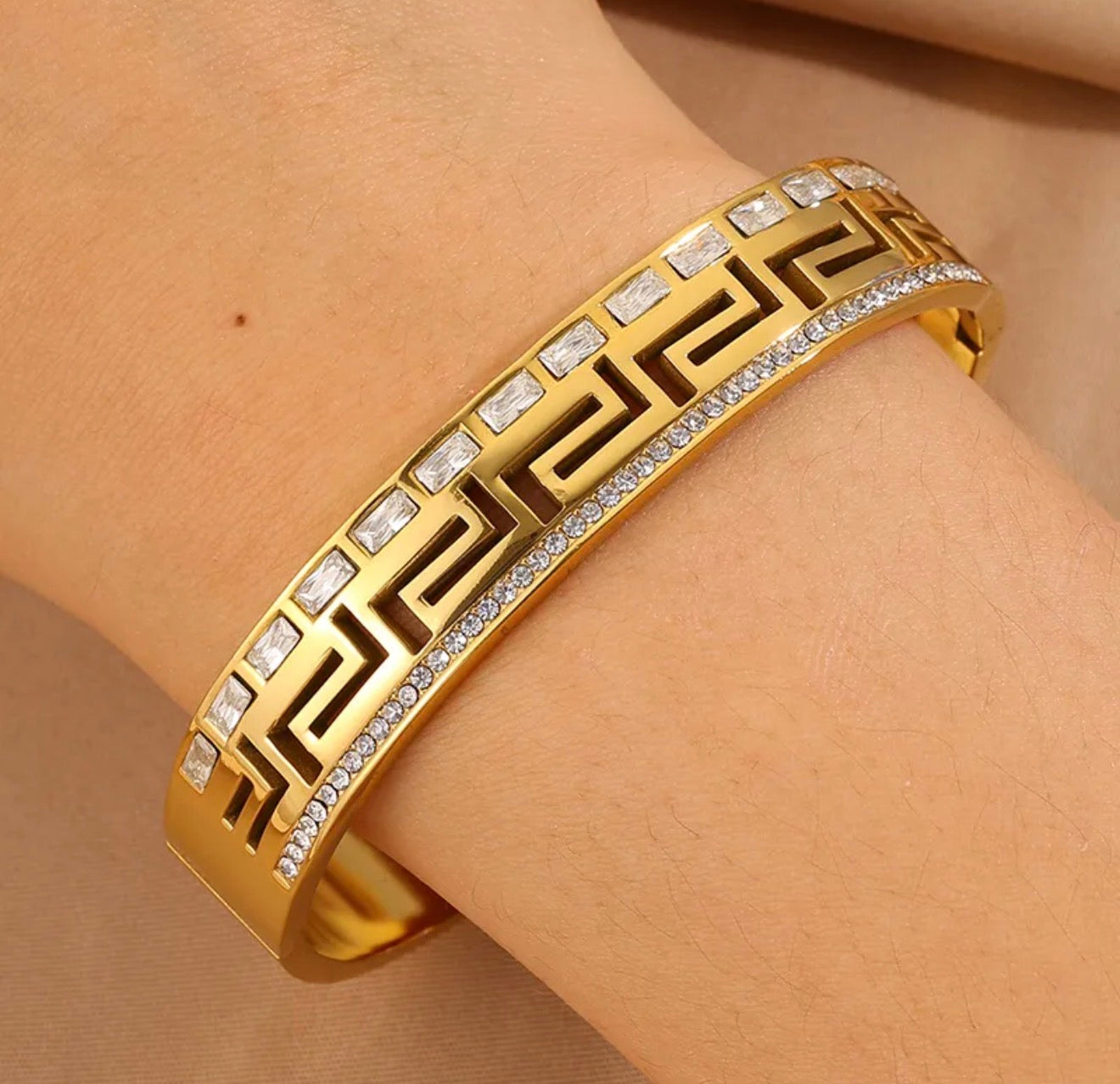 Greek Key Shine Kada 18k gold plated stainless