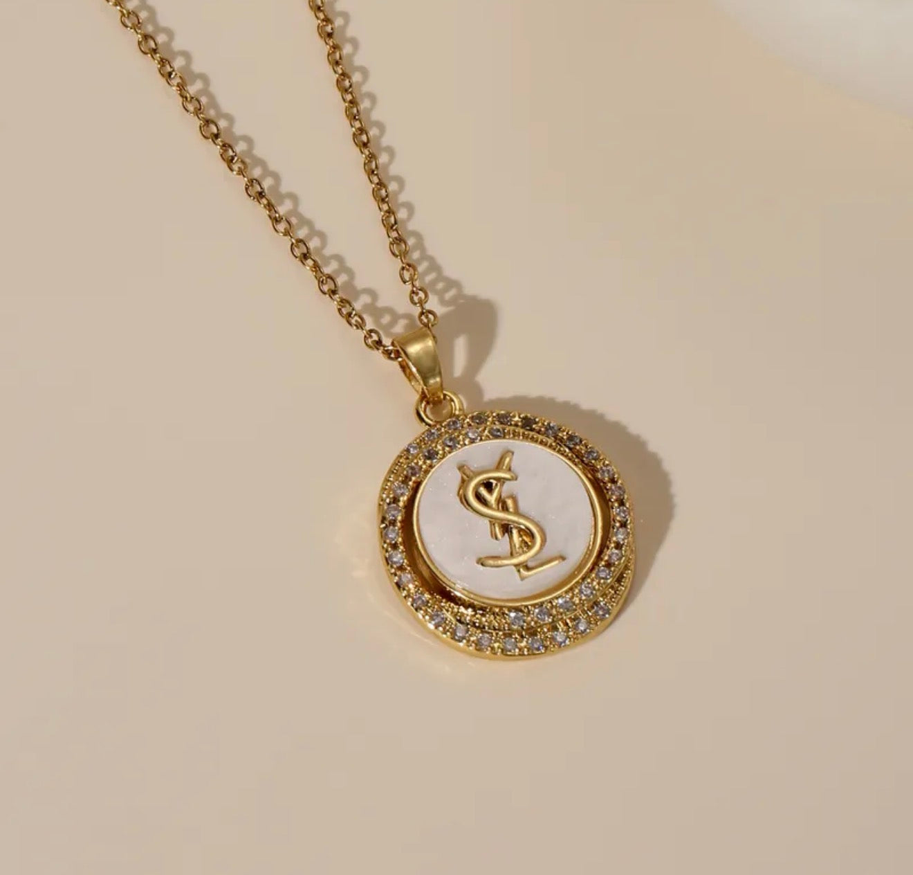 18K Gold Plated ysl Pendant Necklace | Crystal Monogram Coin Necklace | Stainless Steel Jewelry