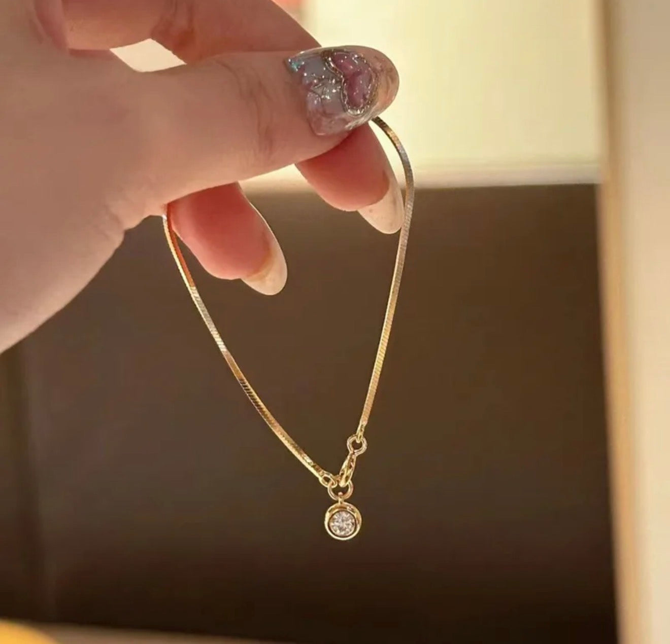 18K Gold Plated Snake Chain Bracelet with Crystal Charm | Minimalist Stainless Steel Bracelet