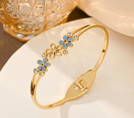 Couture Blue Flower Gold elegant 18k gold plated stainless steel bracelet