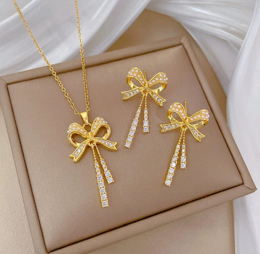 Sparkling Ribbon Bow Jewelry Set 304 stainless 18k gold plated