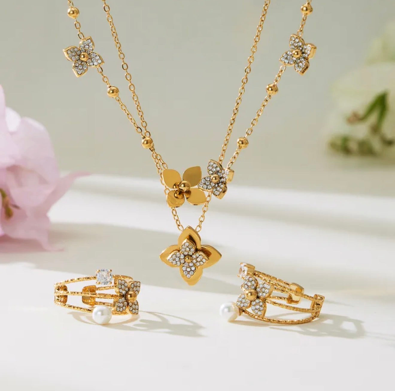 Diamond Petals Royal double chain set with ring 18k gold plated stainless steel