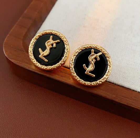 Luxury-Inspired Black Round Stud Earrings 304 stainless steel 18k gold plated