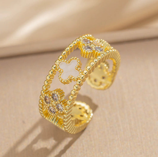 Gold-Plated Clover & Crystal Cuff ring 304 stainless steel 18k gold plated
