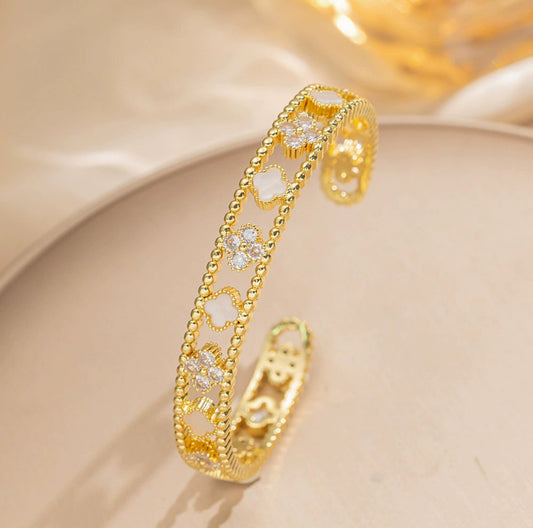 Gold-Plated Clover & Crystal Cuff Bracelet 304 stainless steel 18k gold plated (bracelet)