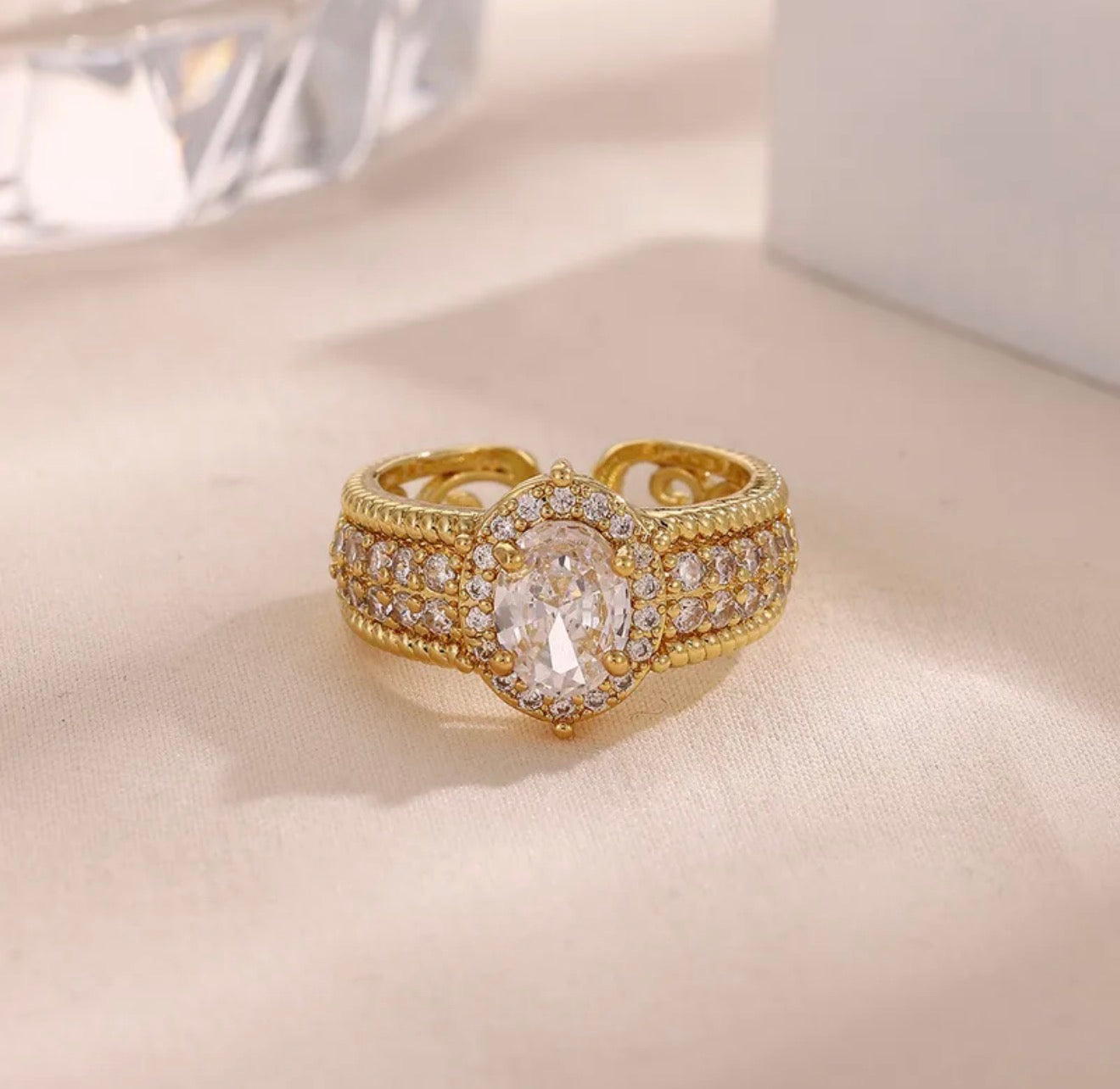 statement crystal ring with a rich, royal feel 18k gold plated stainless steel