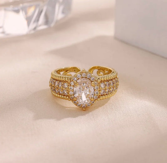 statement crystal ring with a rich, royal feel 18k gold plated stainless steel