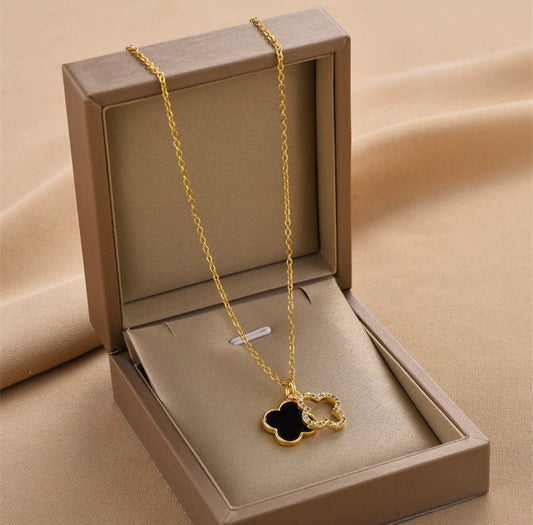 Doublelayer four leaf clover black 304 stainless steel 18k gold plated chain