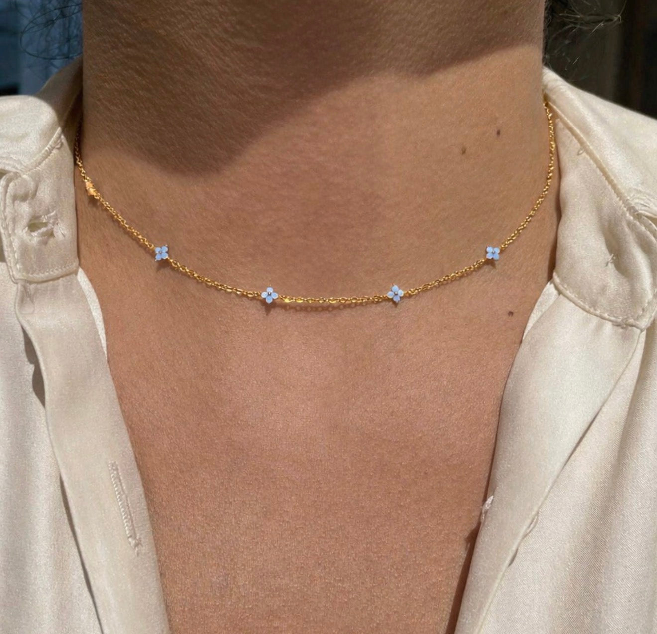 Soft Blue Flower Glow Necklace & earrings perfect for daily glam 18k gold plated stainless