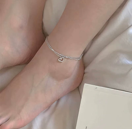 925 sterling silver hearts shaped double layer anklet