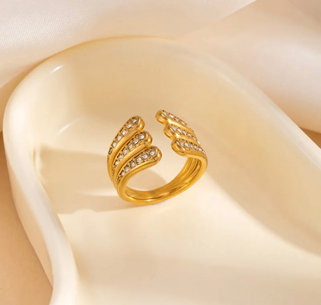 18K Gold Plated Golden Wave Ring | Crystal Wrap Adjustable Ring | Waterproof & Tarnish Resistant