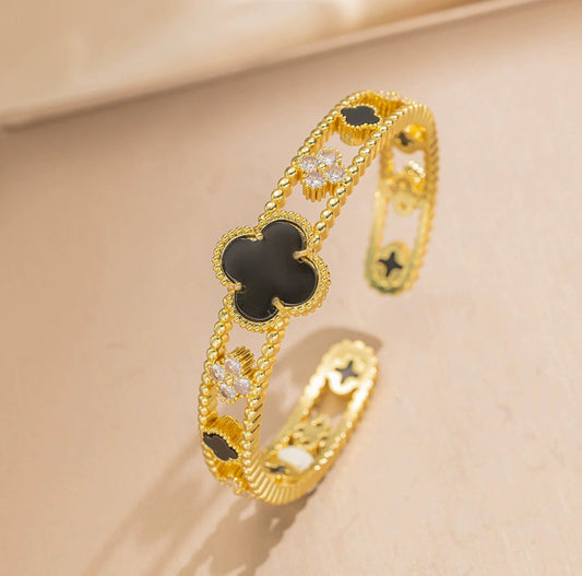 Gold-Plated Clover & Crystal Cuff Bracelet 304 stainless steel 18k gold plated ( bracelet)