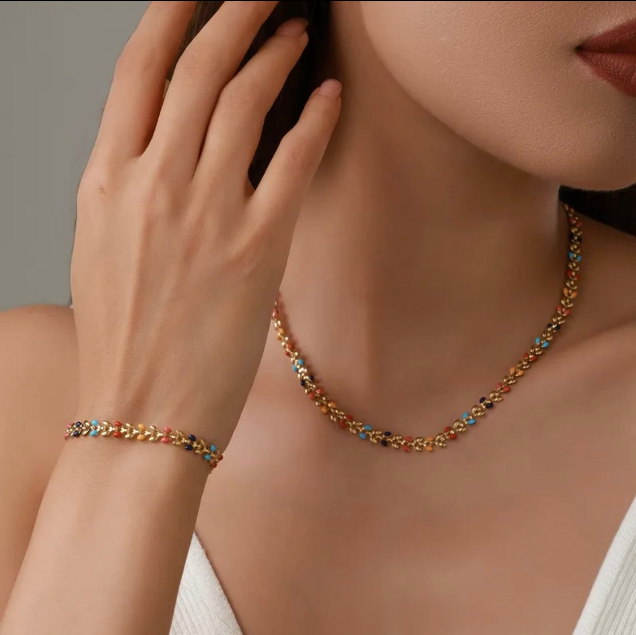 Pastoral leaf necklace and bracelet 304 stainless steel 18k gold plated