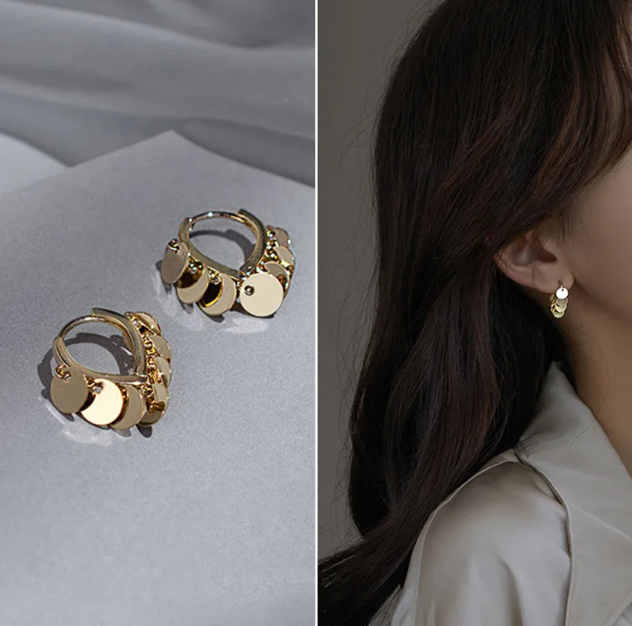 Gold Disc Dangle Hoop Earrings